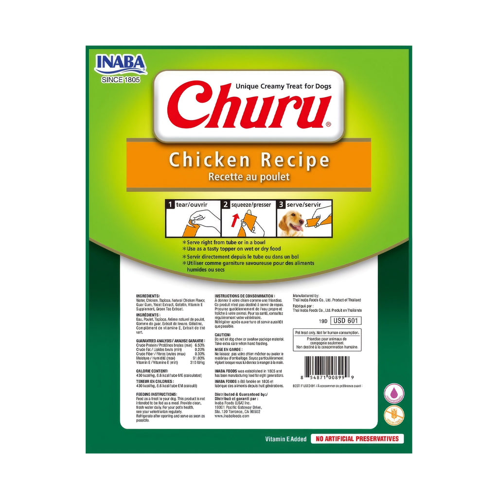 Snack Churu Pollo para Perros en pack de 8 tubos, premio cremoso de pollo con textura suave e imágenes de distintas razas.