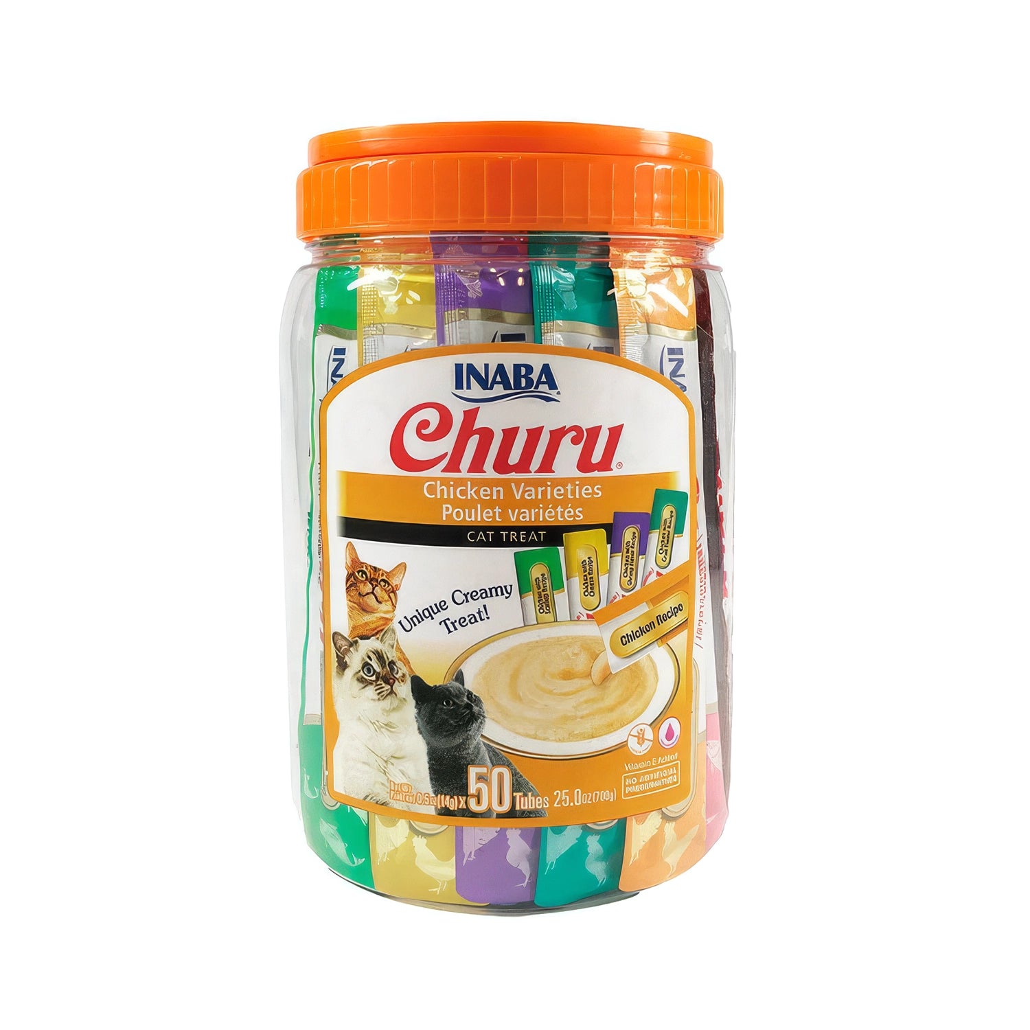 Snack Churu Variedades de Pollo para Gatos en frasco con 50 tubos surtidos, premios cremosos de pollo y gatos en la etiqueta.