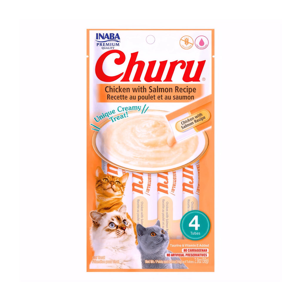 Churu Snack Pollo y Salmón para Gatos en paquete de 4 tubos, premio cremoso con receta de pollo y salmón para gatos.