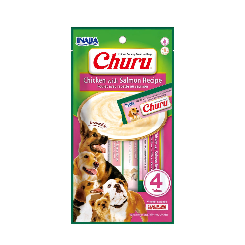Snack Churu Pollo y Salmón para Perros en presentación de 4 tubos, premio cremoso con receta de pollo y salmón.