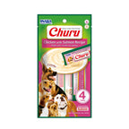 Snack Churu Pollo y Salmón para Perros en presentación de 4 tubos, premio cremoso con receta de pollo y salmón.