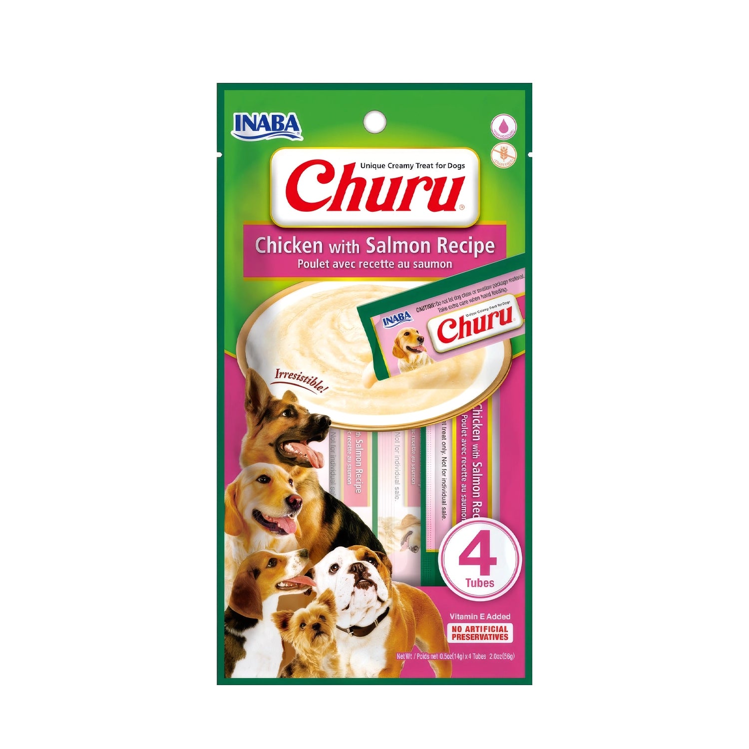 Snack Churu Pollo y Salmón para Perros en presentación de 4 tubos, premio cremoso con receta de pollo y salmón.