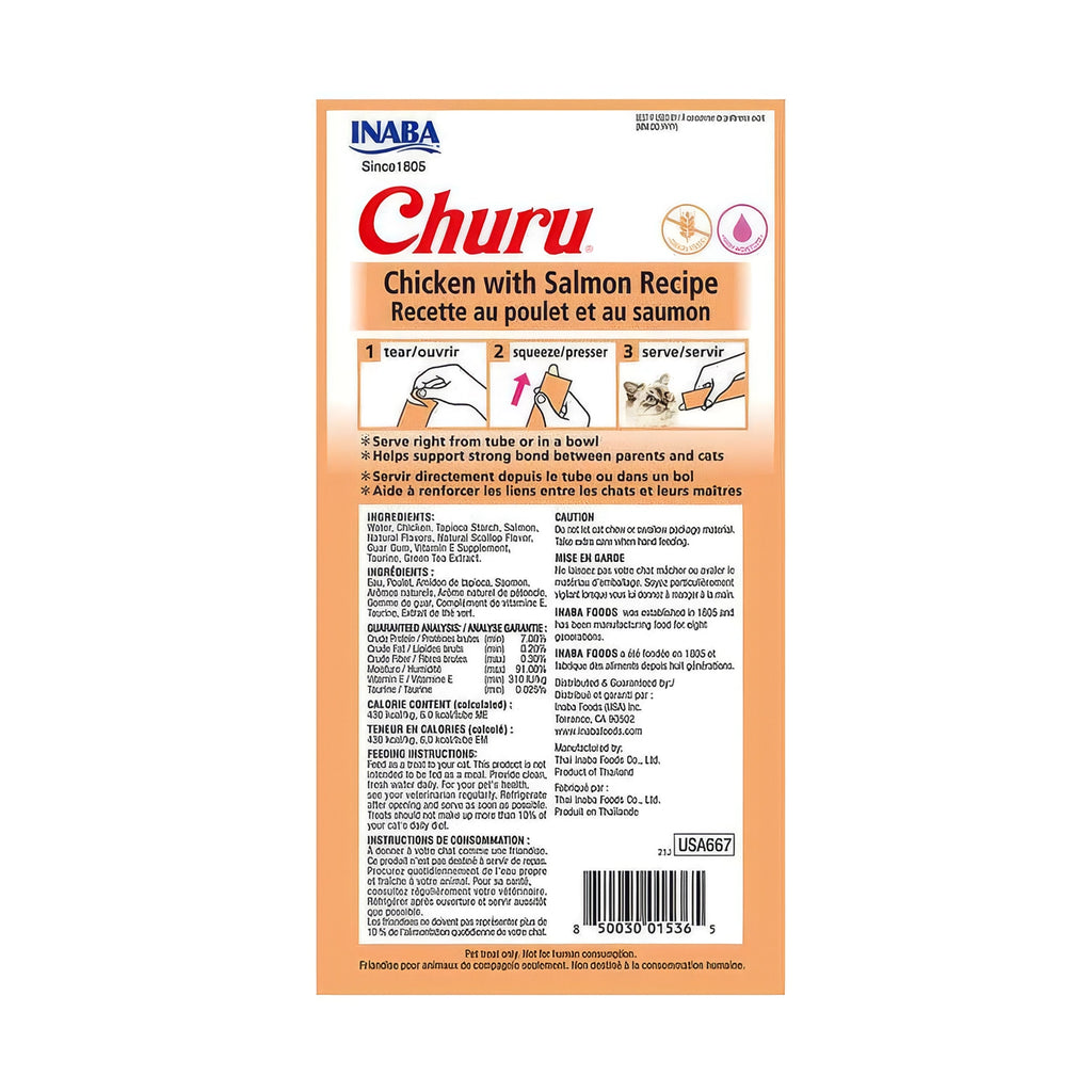 Churu Snack Pollo y Salmón para Gatos en paquete de 4 tubos, premio cremoso con receta de pollo y salmón para gatos.