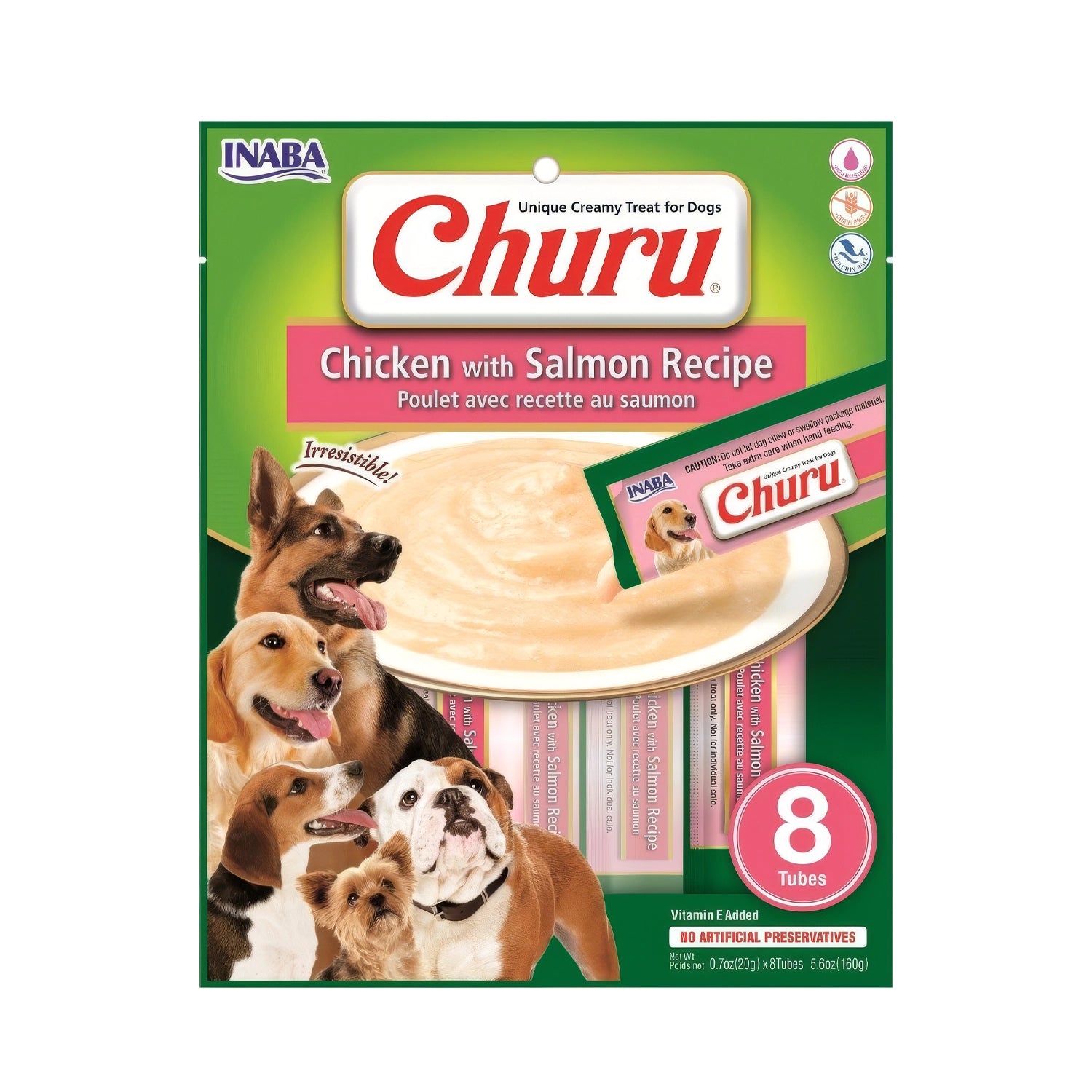 Snack Churu Pollo y Salmón para Perros en presentación de 8 tubos, premio cremoso con receta de pollo y salmón.