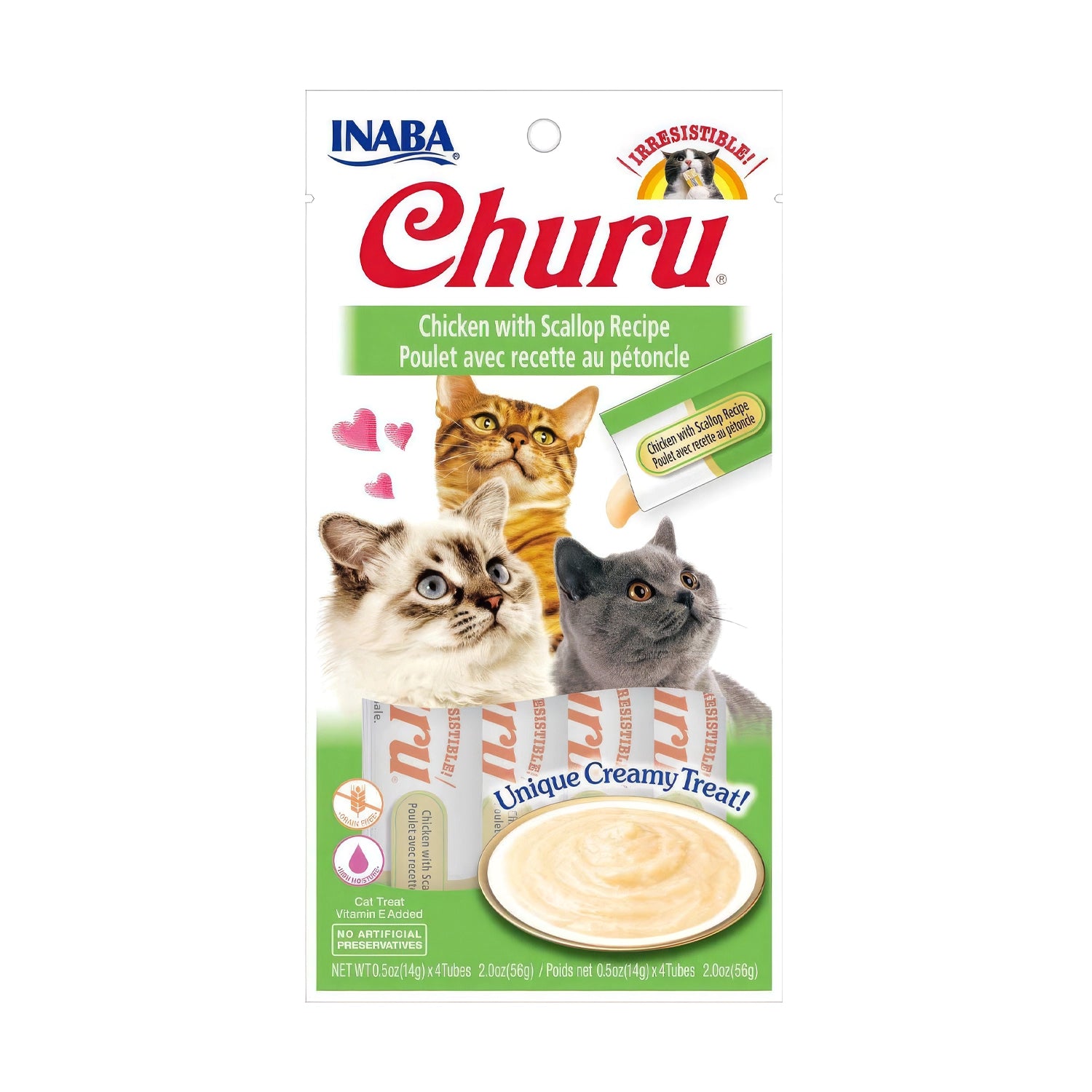 Empaque de Snack Churu Pollo y Ostiones para Gatos con 4 tubos de snack húmedo cremoso, receta de pollo y ostiones.