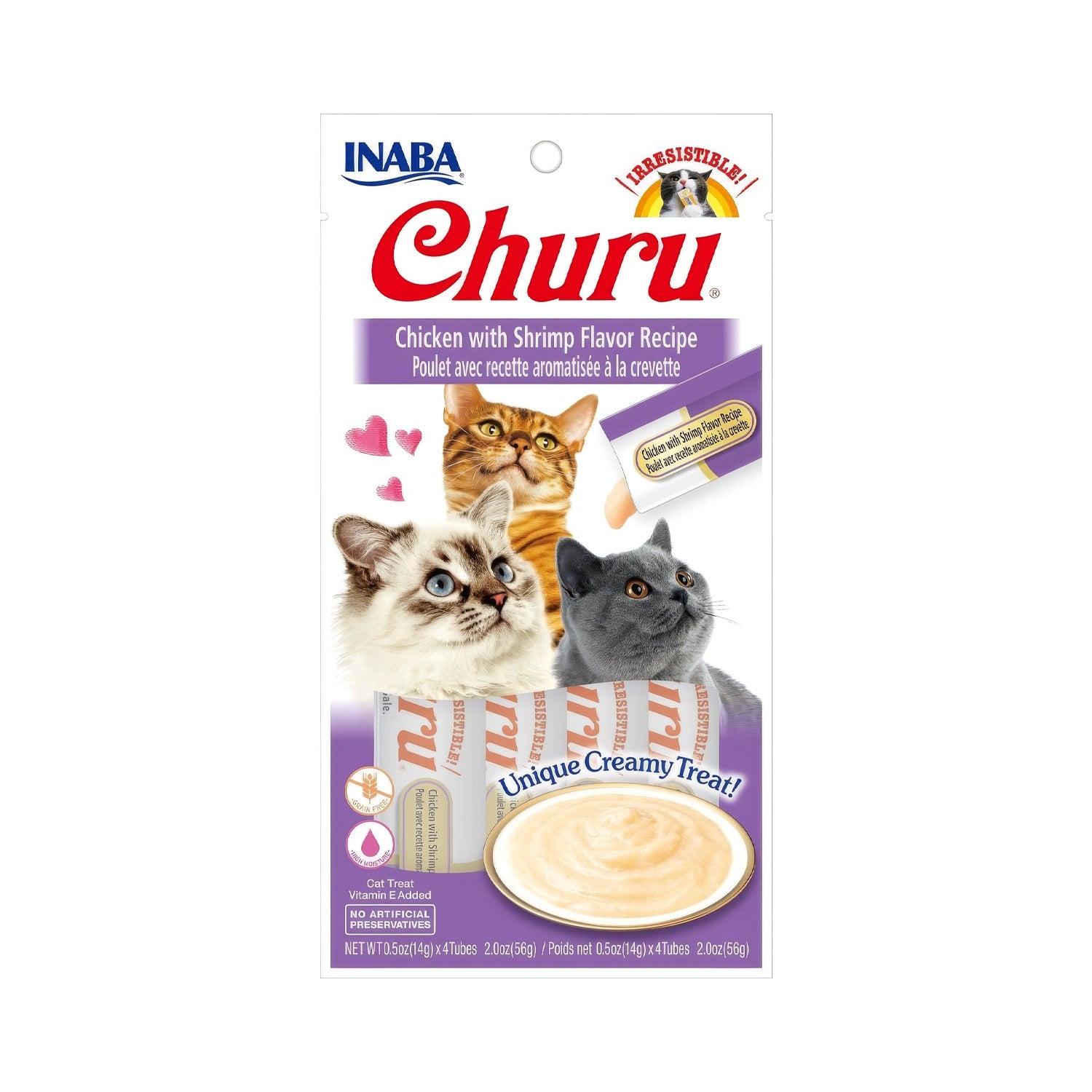Snack Churu Pollo y Camarón para Gatos en envase de 4 tubos, con crema húmeda, imagen de gatos y sabor pollo con camarón.