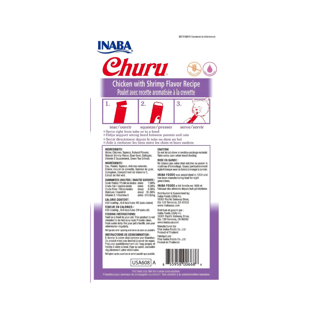 Snack Churu Pollo y Camarón para Gatos en envase de 4 tubos, con crema húmeda, imagen de gatos y sabor pollo con camarón.