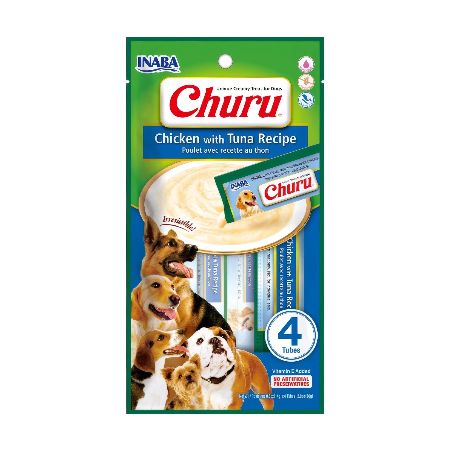Snack Cremoso "CIAO Churu" de Pollo y Atún para Perros en pack de 4 tubos, premio suave con textura cremosa y perros en el envase.