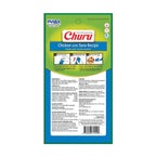 Snack Cremoso "CIAO Churu" de Pollo y Atún para Perros en pack de 4 tubos, premio suave con textura cremosa y perros en el envase.