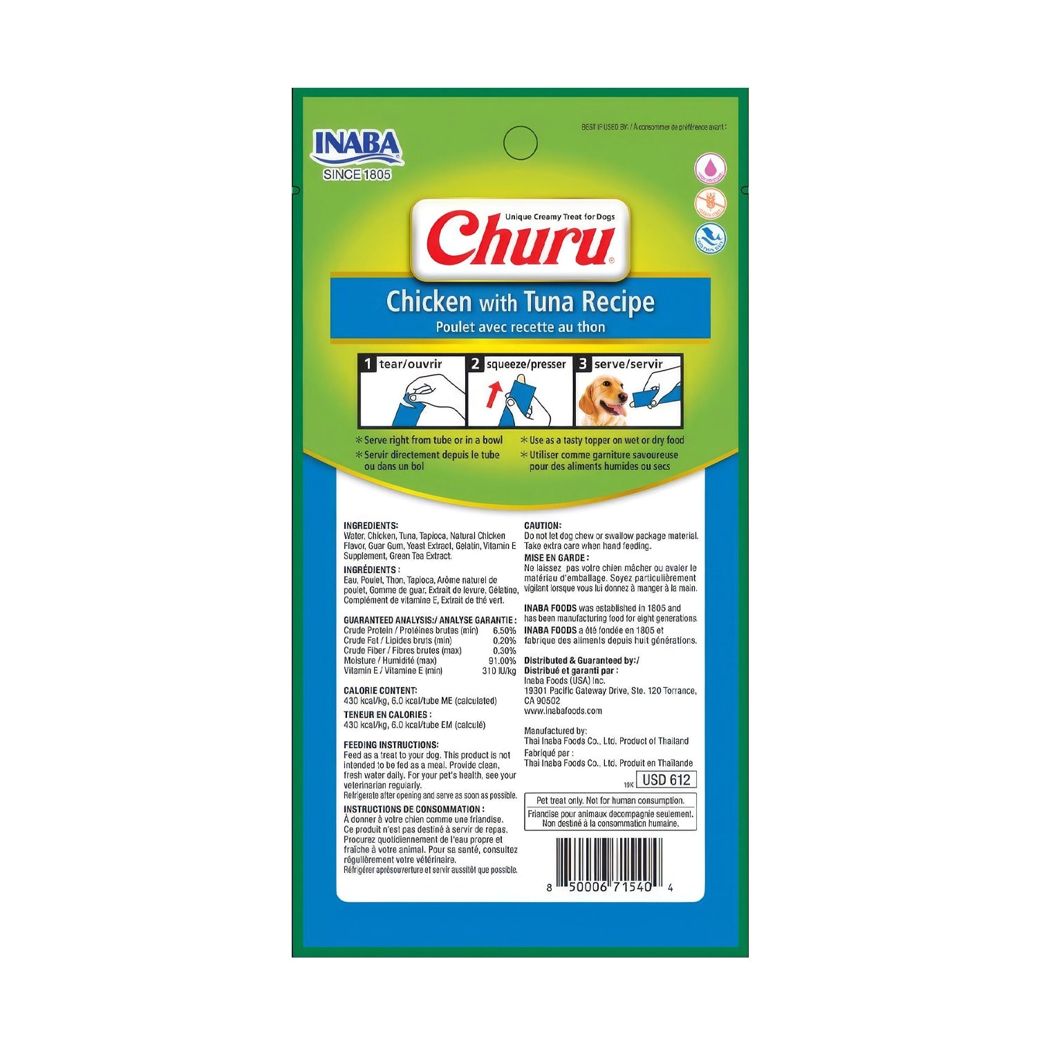 Snack Cremoso "CIAO Churu" de Pollo y Atún para Perros en pack de 4 tubos, premio suave con textura cremosa y perros en el envase.