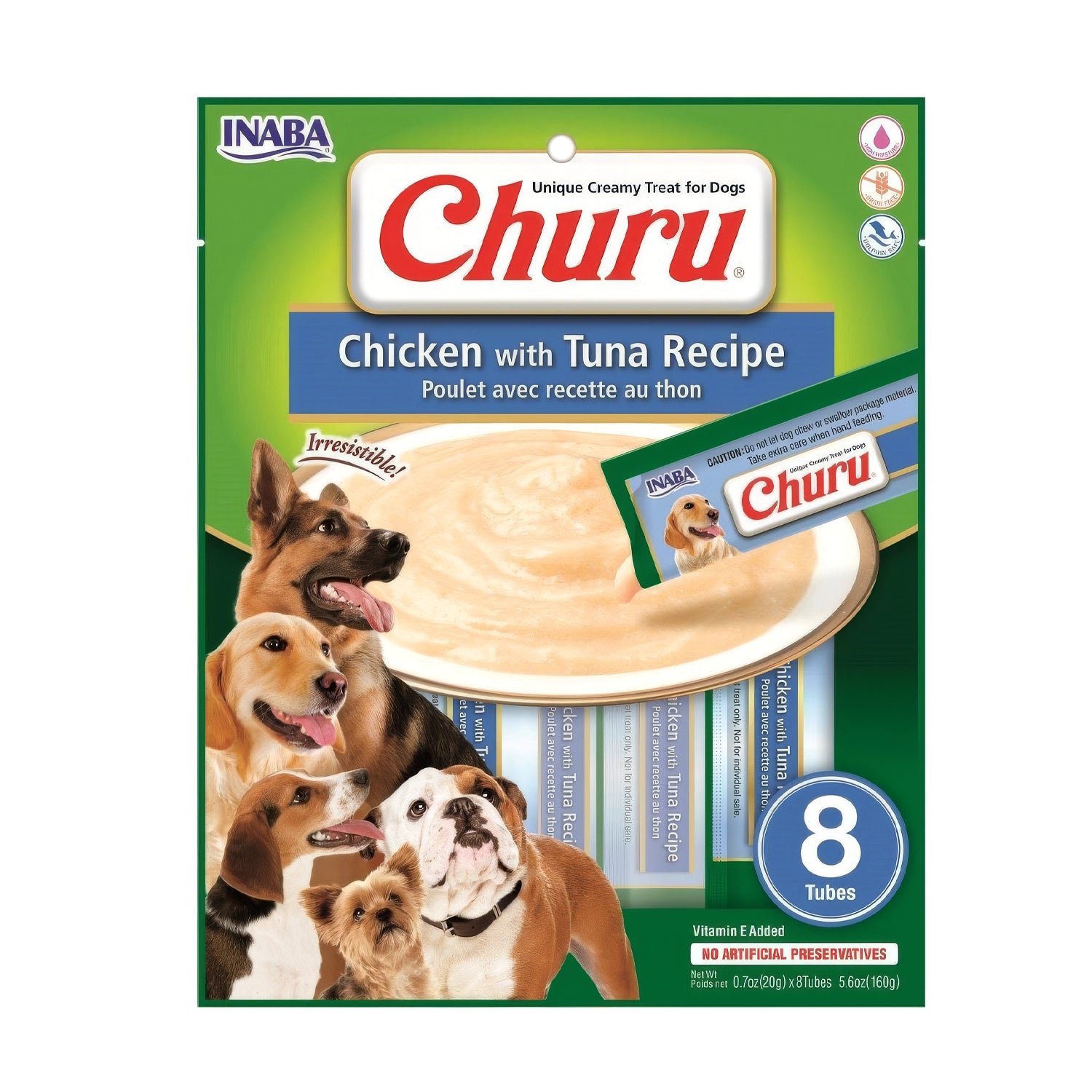 Snack Cremoso "CIAO Churu" de Pollo y Atún para Perros en pack de 4 tubos, premio suave con textura cremosa y perros en el envase.