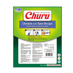 Snack Cremoso "CIAO Churu" de Pollo y Atún para Perros en pack de 4 tubos, premio suave con textura cremosa y perros en el envase.