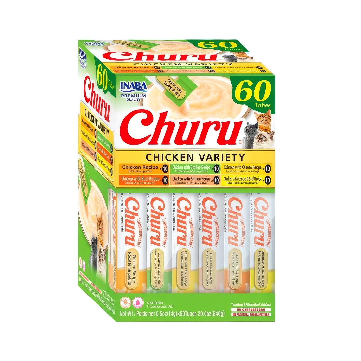 Snack Churu Variedades de Pollo para Gatos en caja de 60 tubos surtidos, con distintos sabores de pollo y gatos ilustrados.