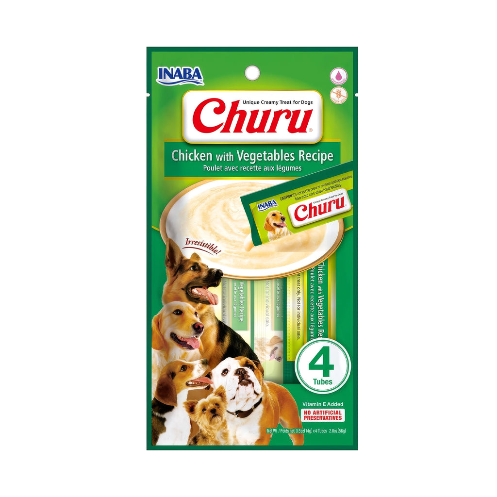 Snack Churu Pollo y Vegetales para Perros en tubos cremosos, con receta de pollo y verduras, ilustración de perros y empaque verde.