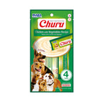Snack Churu Pollo y Vegetales para Perros en tubos cremosos, con receta de pollo y verduras, ilustración de perros y empaque verde.