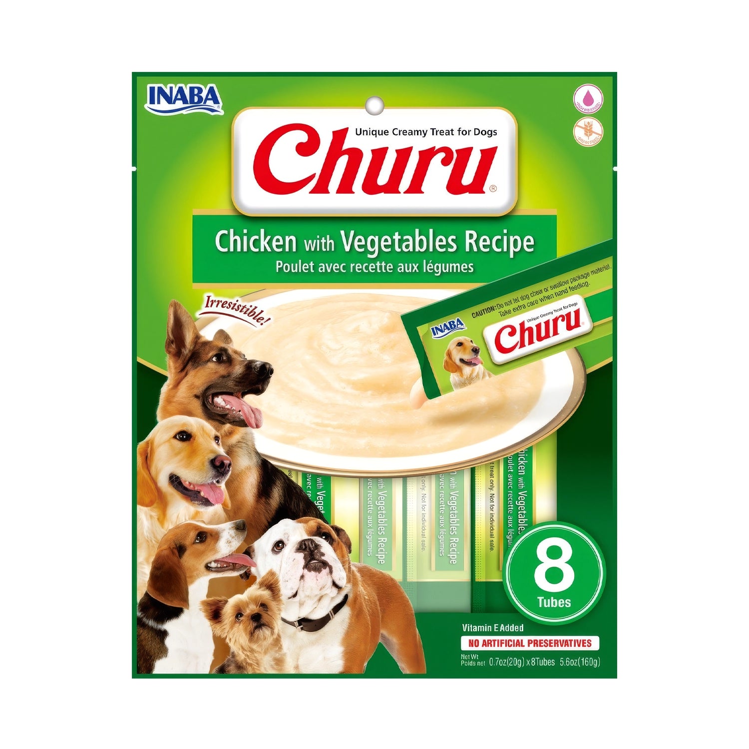 Snack Churu Pollo y Vegetales para Perros en tubos cremosos, con receta de pollo y verduras, ilustración de perros y empaque verde.