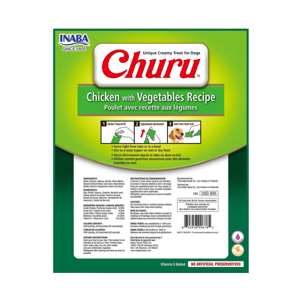 Snack Churu Pollo y Vegetales para Perros en tubos cremosos, con receta de pollo y verduras, ilustración de perros y empaque verde.