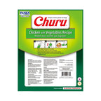 Snack Churu Pollo y Vegetales para Perros en tubos cremosos, con receta de pollo y verduras, ilustración de perros y empaque verde.