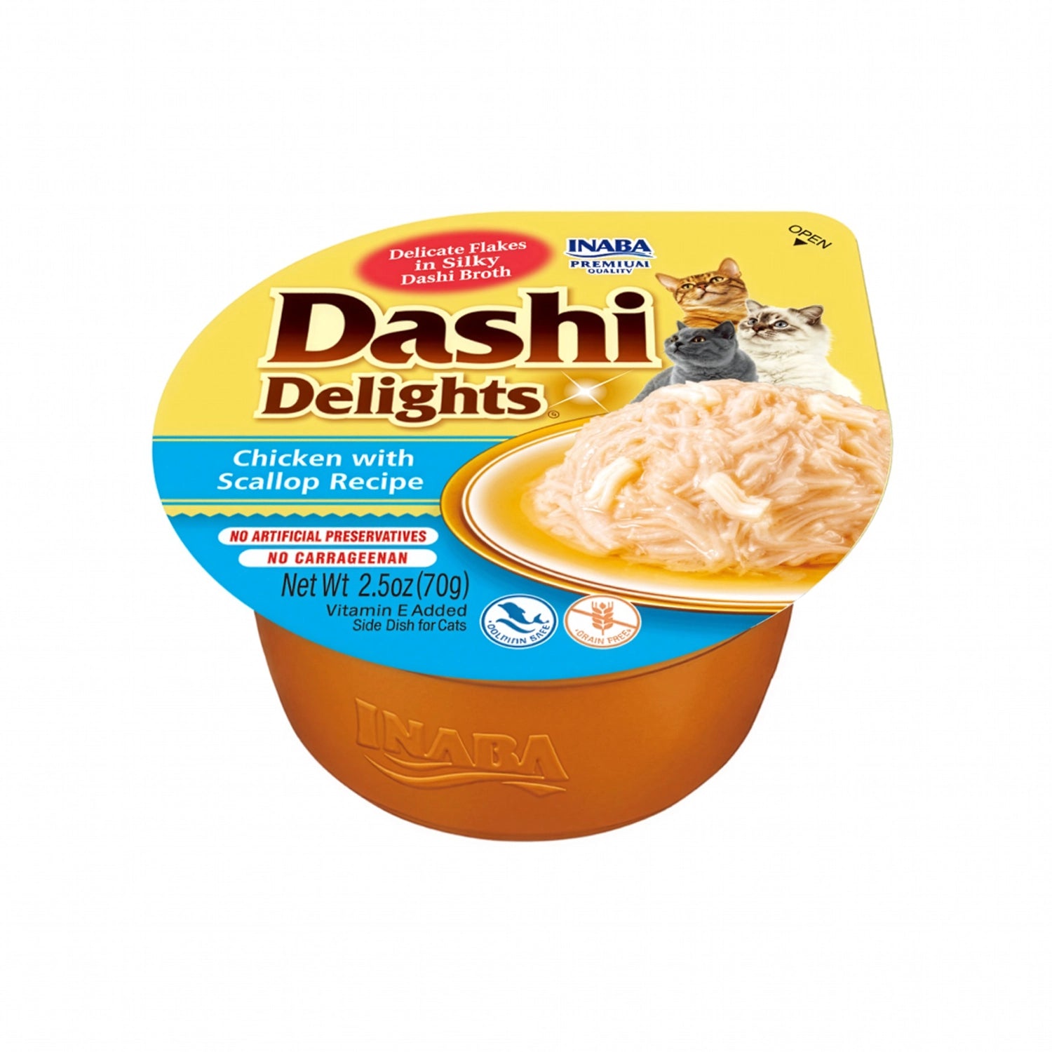 Churu Dashi Delights Pollo, Atún y Ostiones para gatos en cup individual con caldo dashi y trozos de pollo, atún y ostiones.