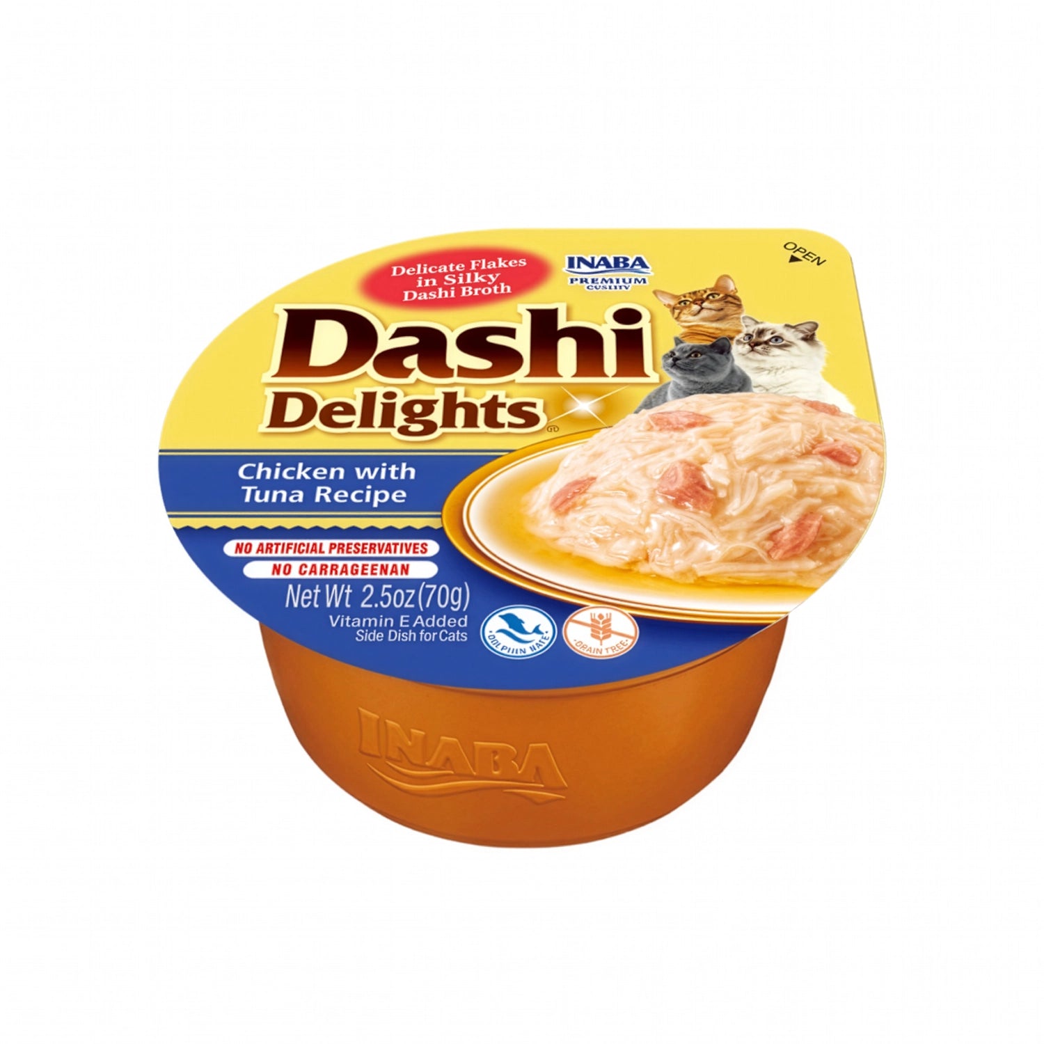 Churu Dashi Delights Pollo y Atún para gatos en cup individual con caldo dashi, trozos de pollo y atún, y diseño con imágenes de gatos.