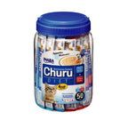 Snack Churu Vet Diet para Gatos en frasco con 50 tubos individuales, recetas de atún y pollo, textura cremosa y baja en calorías.