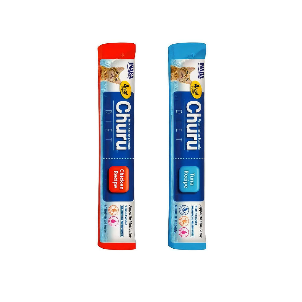 Snack Churu Vet Diet para Gatos en frasco con tubos individuales, recetas de atún y pollo, textura cremosa y baja en calorías.