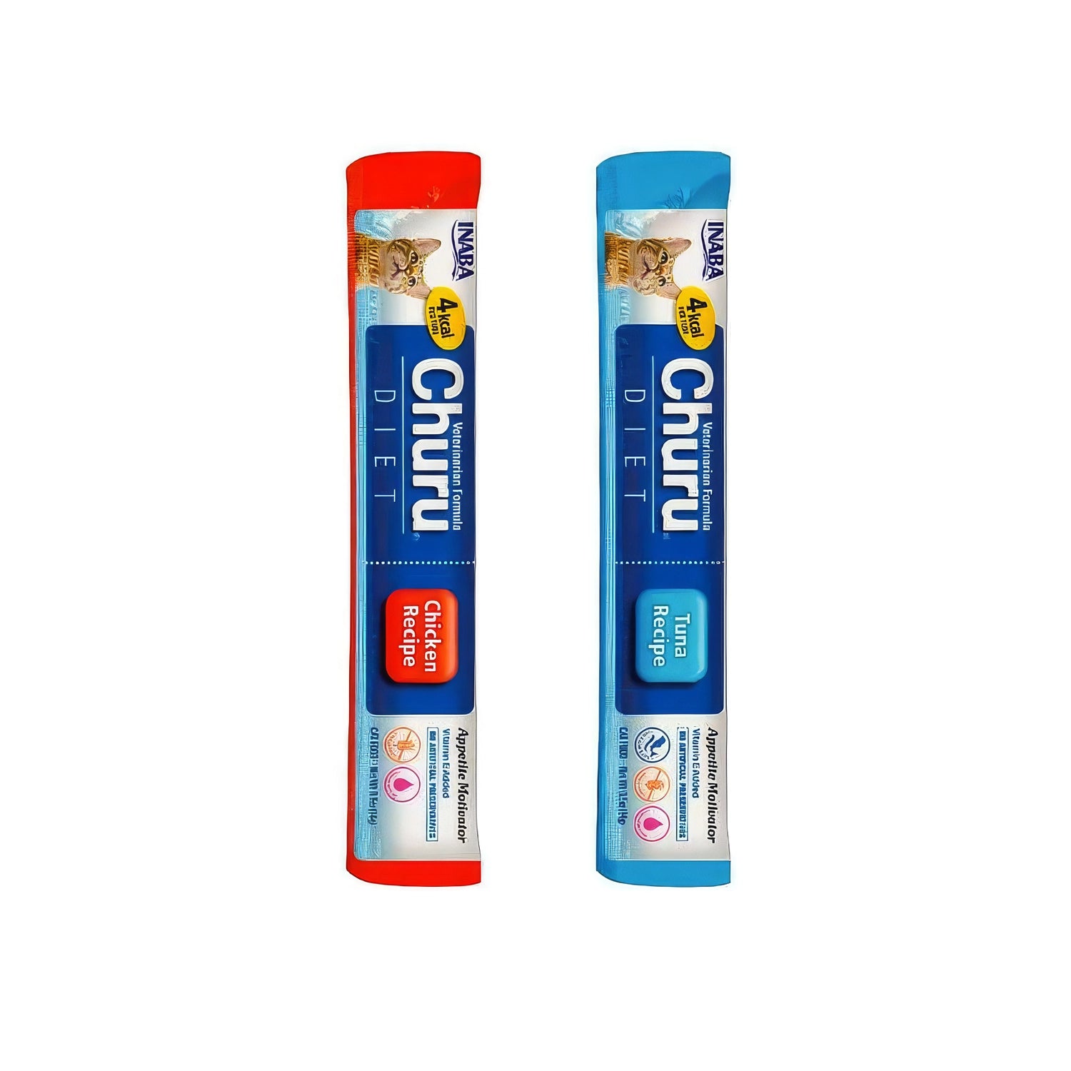 Snack Churu Vet Diet para Gatos en frasco con tubos individuales, recetas de atún y pollo, textura cremosa y baja en calorías.