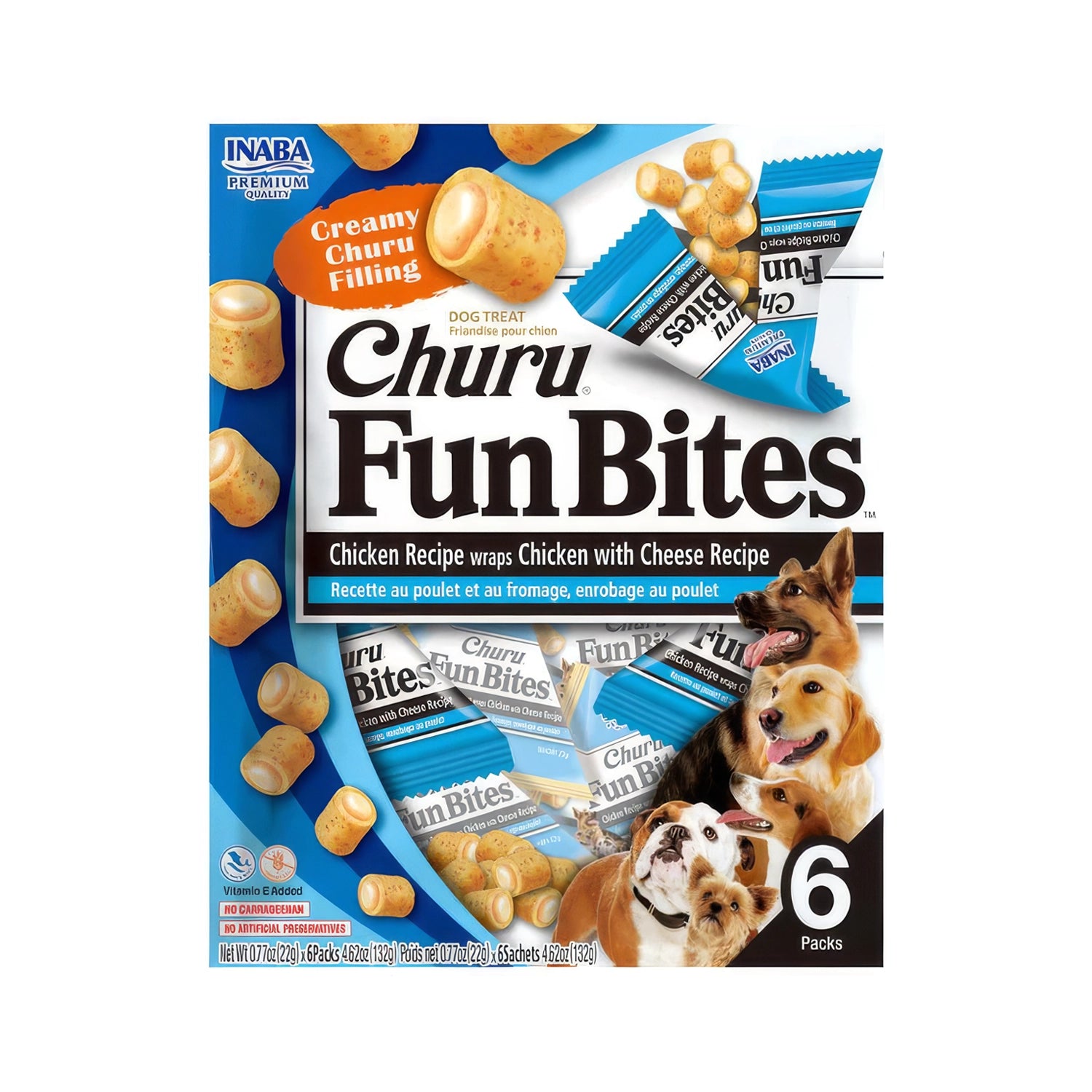 Churu Fun Bites Pollo y Queso para Perros en pack de 6 sobres, bocaditos rellenos con centro cremoso y perros en el envase.