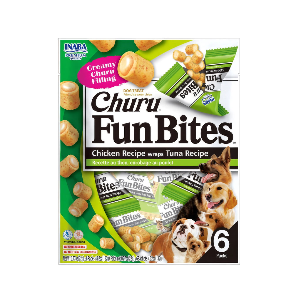 Churu Fun Bites Atún para Perros en paquete de 6 sobres, premios rellenos con centro cremoso y sabor atún para perros.