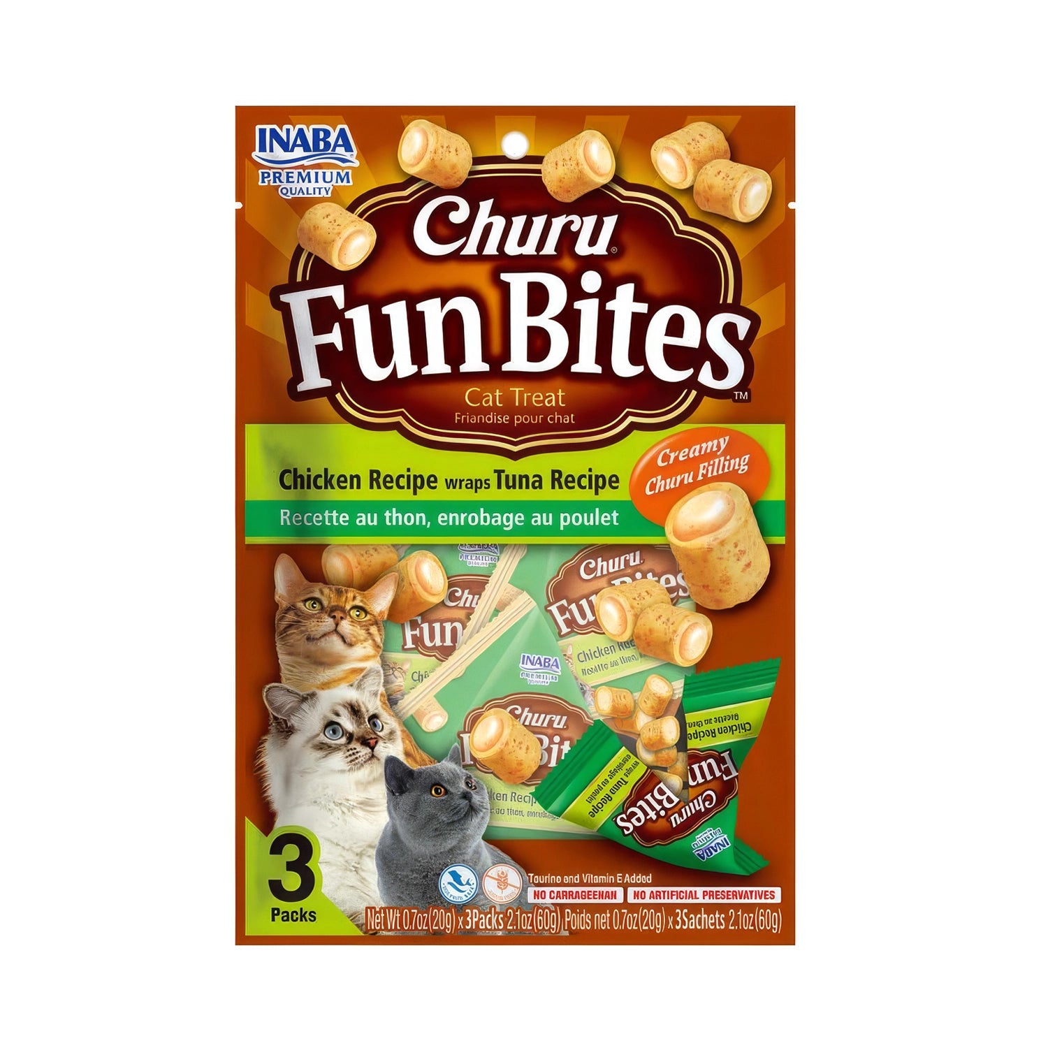Churu Fun Bites Pollo y Atún para Gatos en envase de 3 packs, bocaditos crujientes con relleno cremoso Churu.