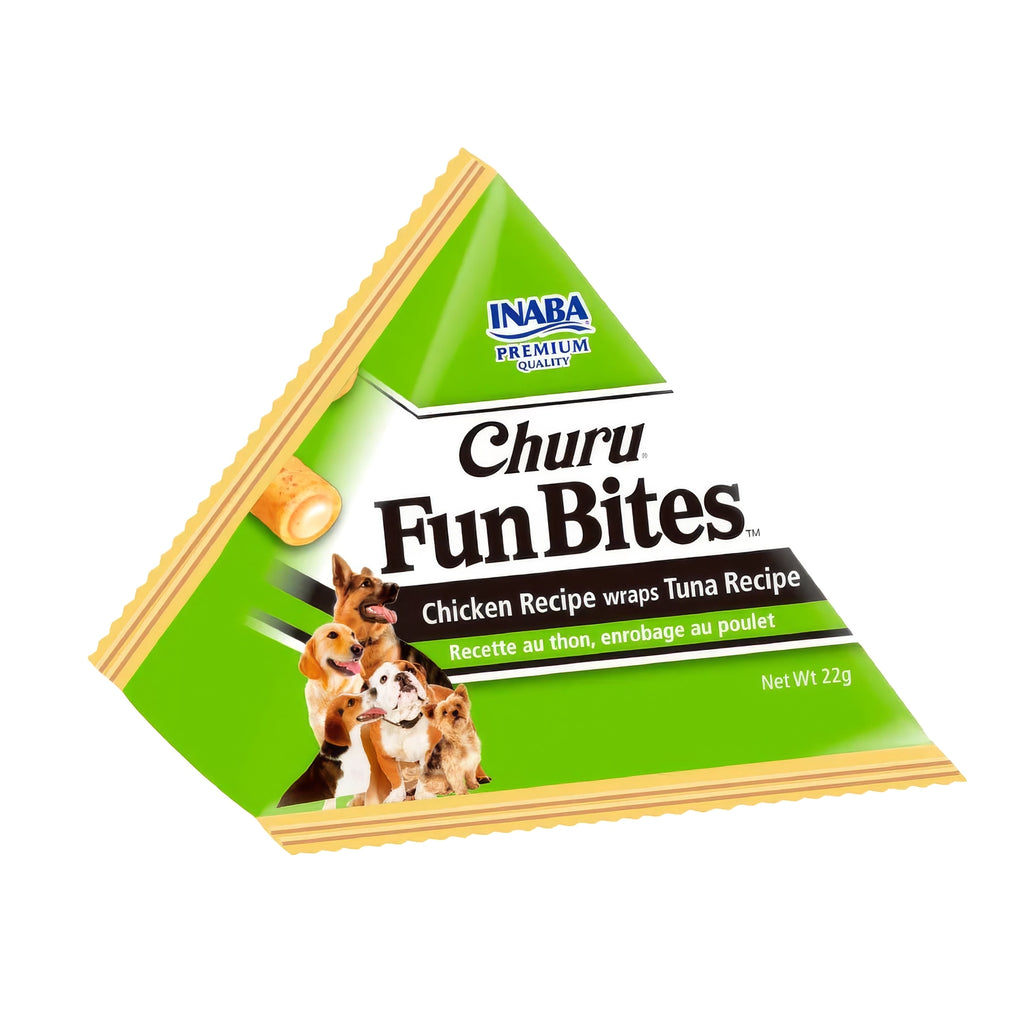 Churu Fun Bites Atún para Perros en paquete de 6 sobres, premios rellenos con centro cremoso y sabor atún para perros.