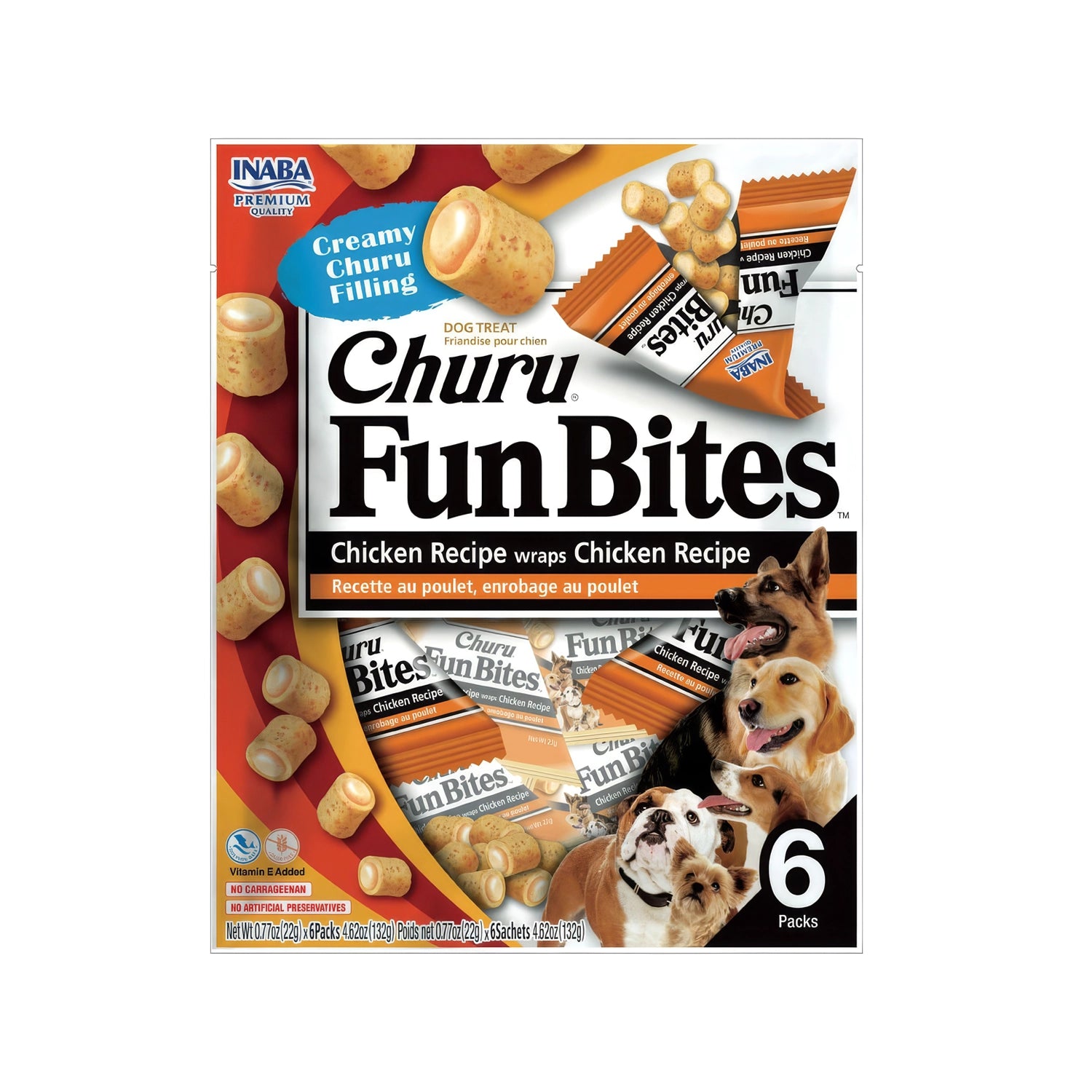 Churu Fun Bites Pollo para Perros en paquete de 6 sobres, premios rellenos con centro cremoso y presentación con perros.