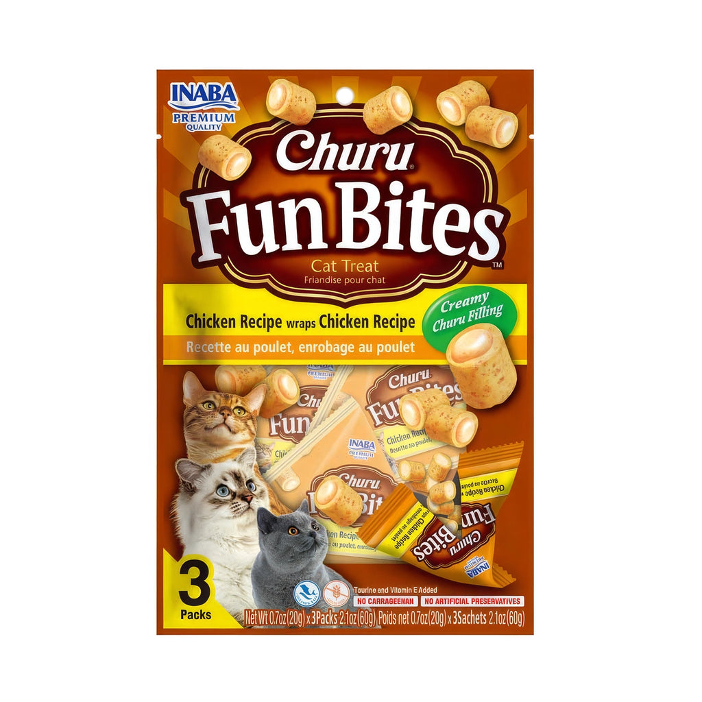 Churu Fun Bites Pollo para Gatos en paquete de 3 sobres, bocados rellenos con centro cremoso y receta de pollo.