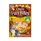 Churu Fun Bites Pollo para Gatos en paquete de 3 sobres, bocados rellenos con centro cremoso y receta de pollo.