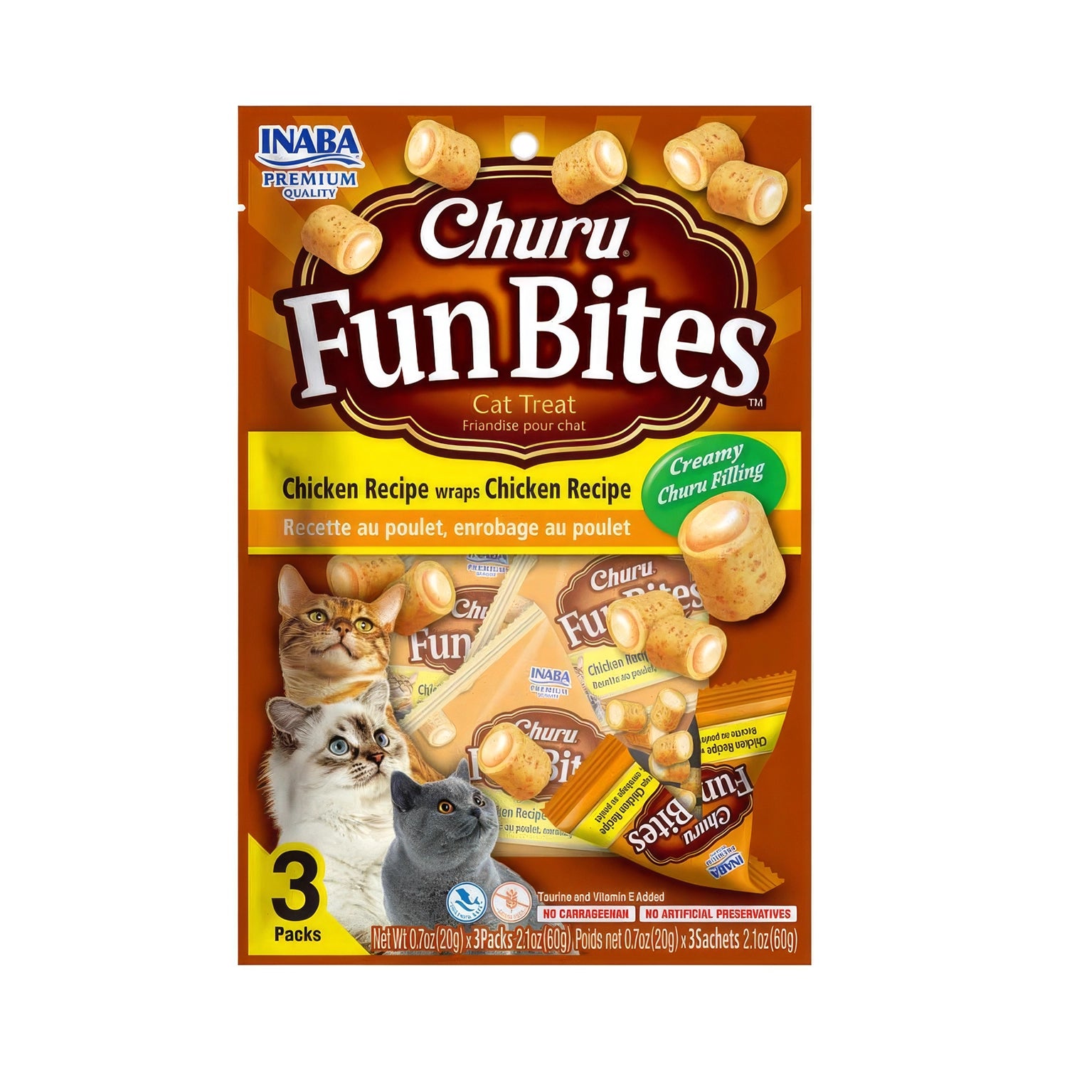 Churu Fun Bites Pollo para Gatos en paquete de 3 sobres, bocados rellenos con centro cremoso y receta de pollo.