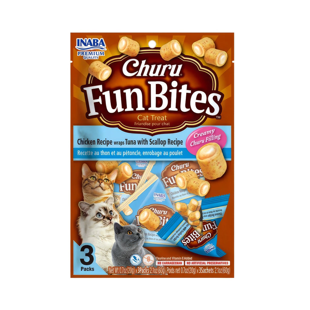 Churu Fun Bites Pollo, Atún y Ostión para Gatos en envase de 3 packs, bocaditos crujientes con relleno cremoso Churu.