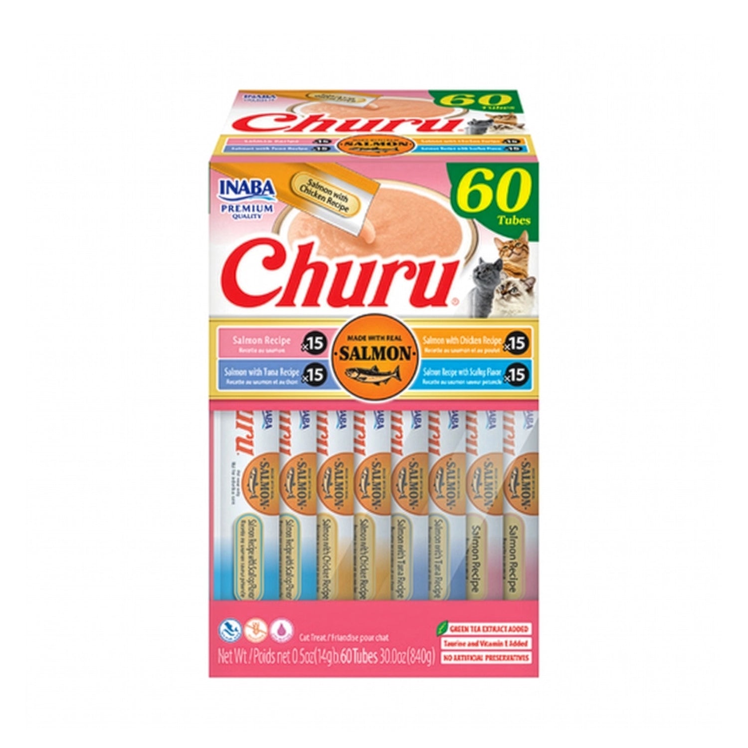 Snack Churu Variedades de Salmón para Gatos en caja con 60 tubos surtidos de salmón, salmón con pollo, atún y hojuelas de bonito.