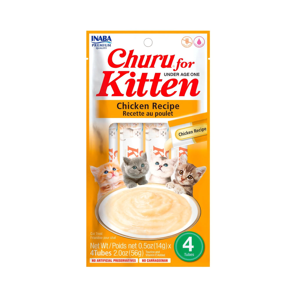 Churu Kitten Snack Pollo para Gatitos 4 tubos, premio cremoso de pollo para gatitos, con ilustración de gatitos y tazón.