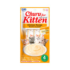 Churu Kitten Snack Pollo para Gatitos 4 tubos, premio cremoso de pollo para gatitos, con ilustración de gatitos y tazón.