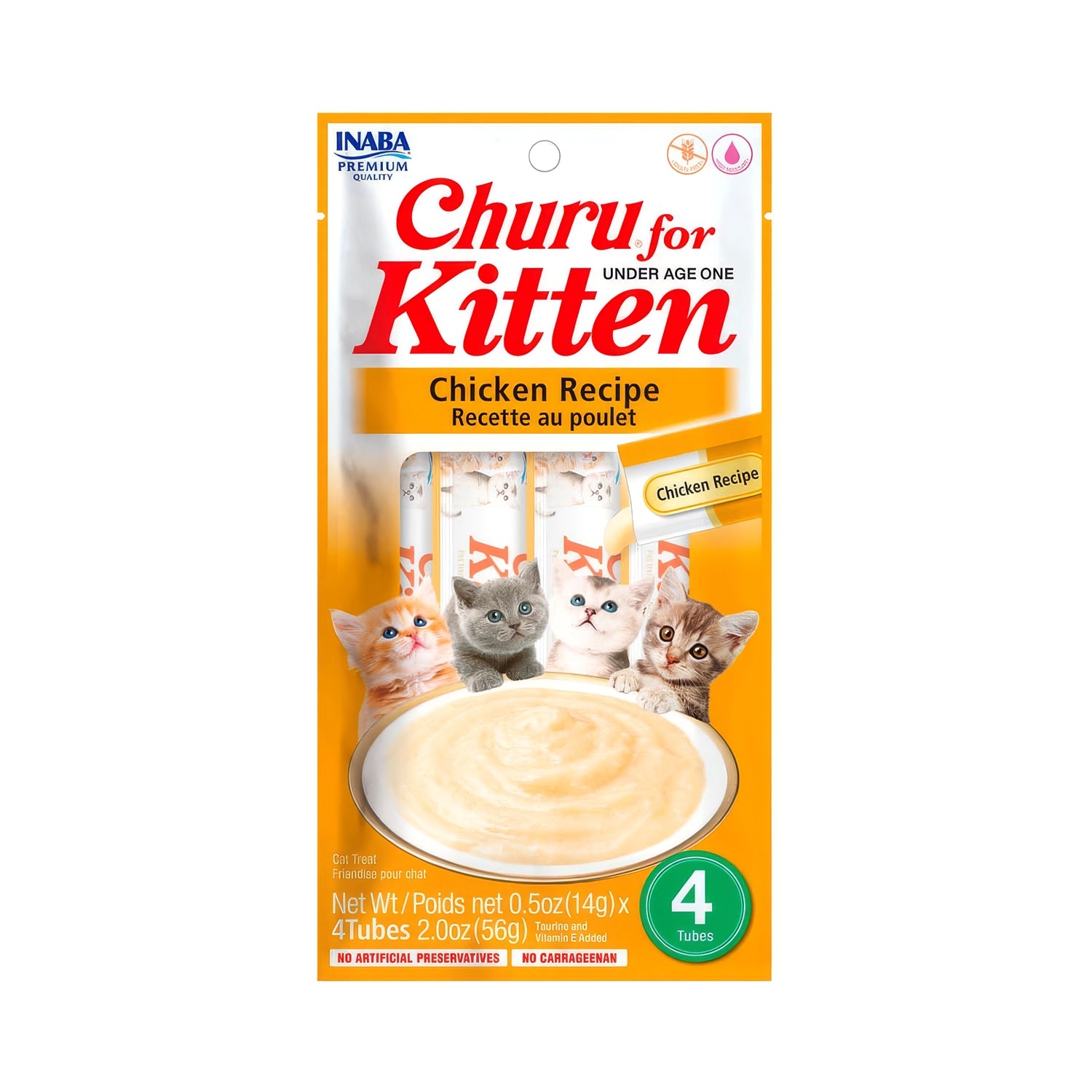 Churu Kitten Snack Pollo para Gatitos 4 tubos, premio cremoso de pollo para gatitos, con ilustración de gatitos y tazón.