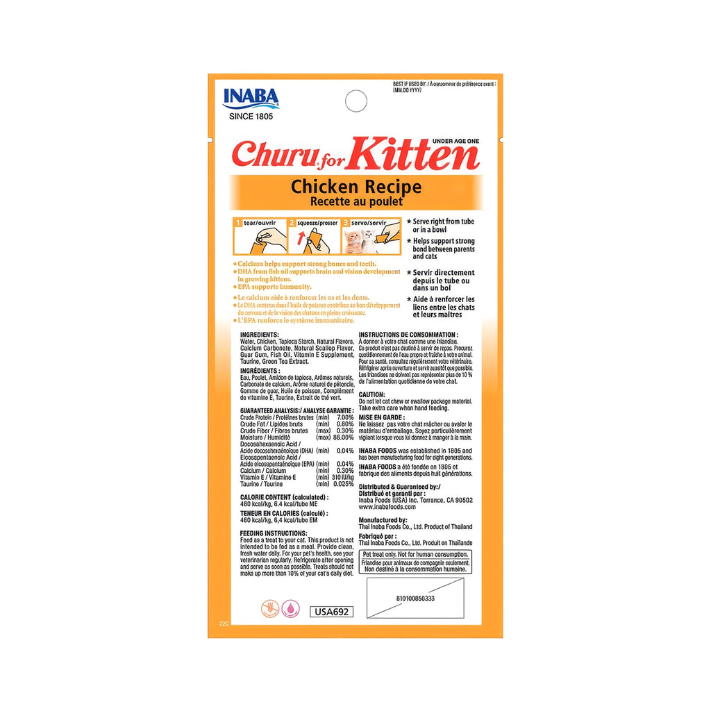 Churu Kitten Snack Pollo para Gatitos 4 tubos, premio cremoso de pollo para gatitos, con ilustración de gatitos y tazón.