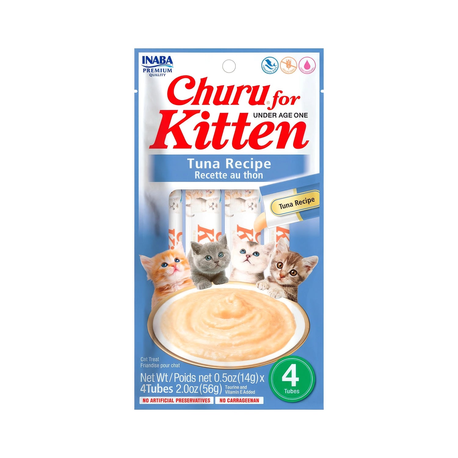 Churu Kitten Snack Atún para Gatitos 4 tubos, premio cremoso de atún para gatitos, con imagen de cachorros y envase azul.