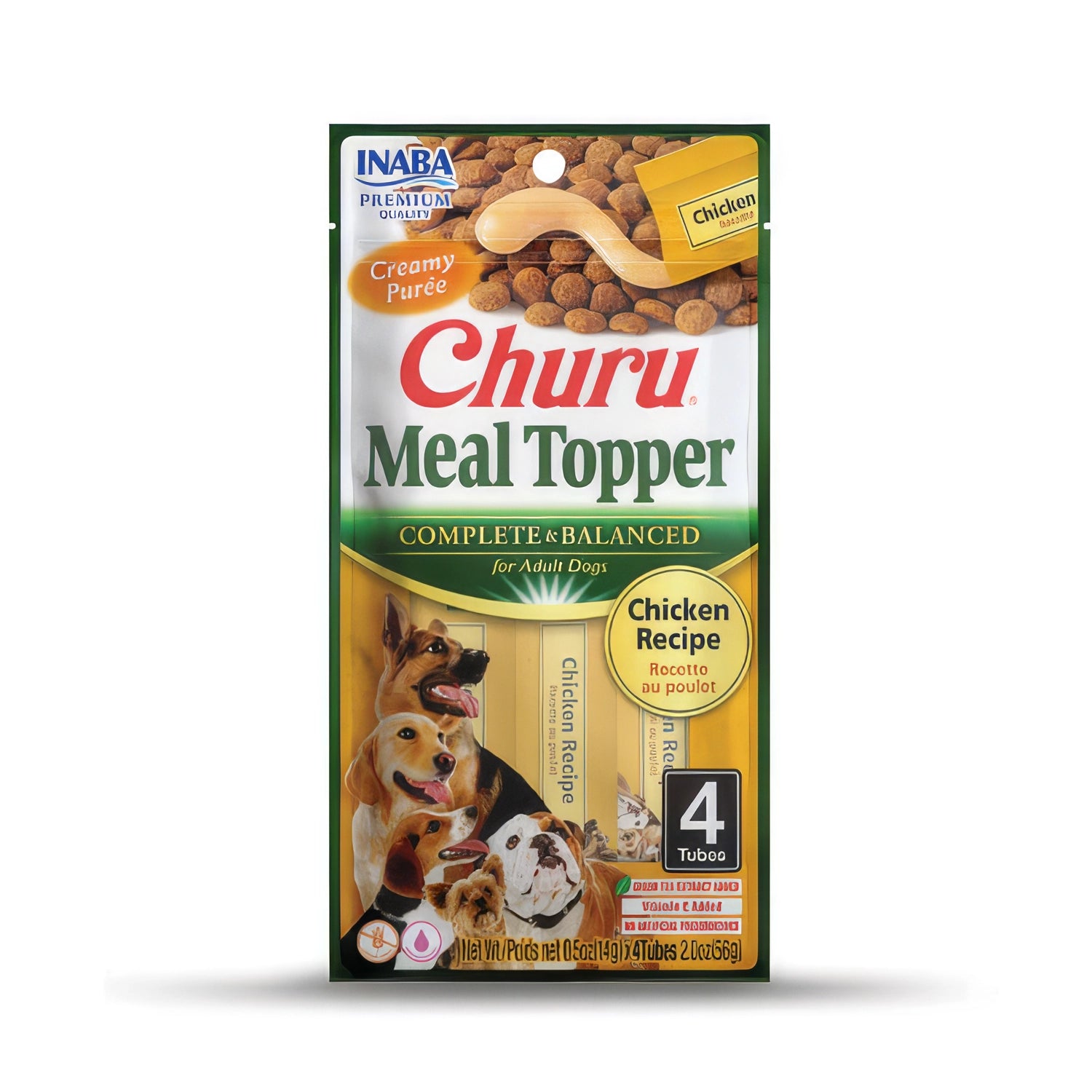 Churu Meal Topper Pollo para Perros en sobres cremosos, complemento para alimento seco con receta de pollo y perros ilustrados.