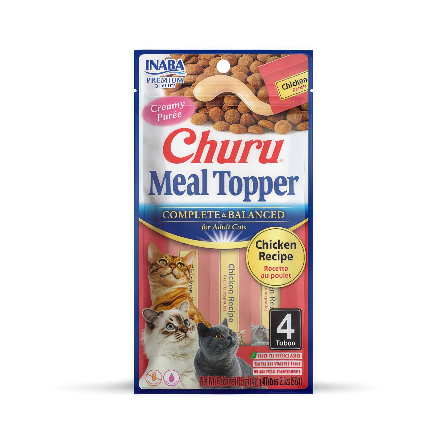 Churu Meal Topper Pollo para Gatos en envase de 4 tubos, complemento cremoso para alimento seco con receta de pollo.