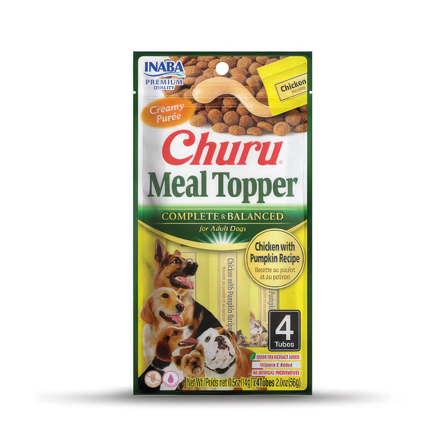 Churu Meal Topper Pollo y Zapallo para Perros 4 tubos, complemento cremoso para alimento con perros ilustrados y receta visible.