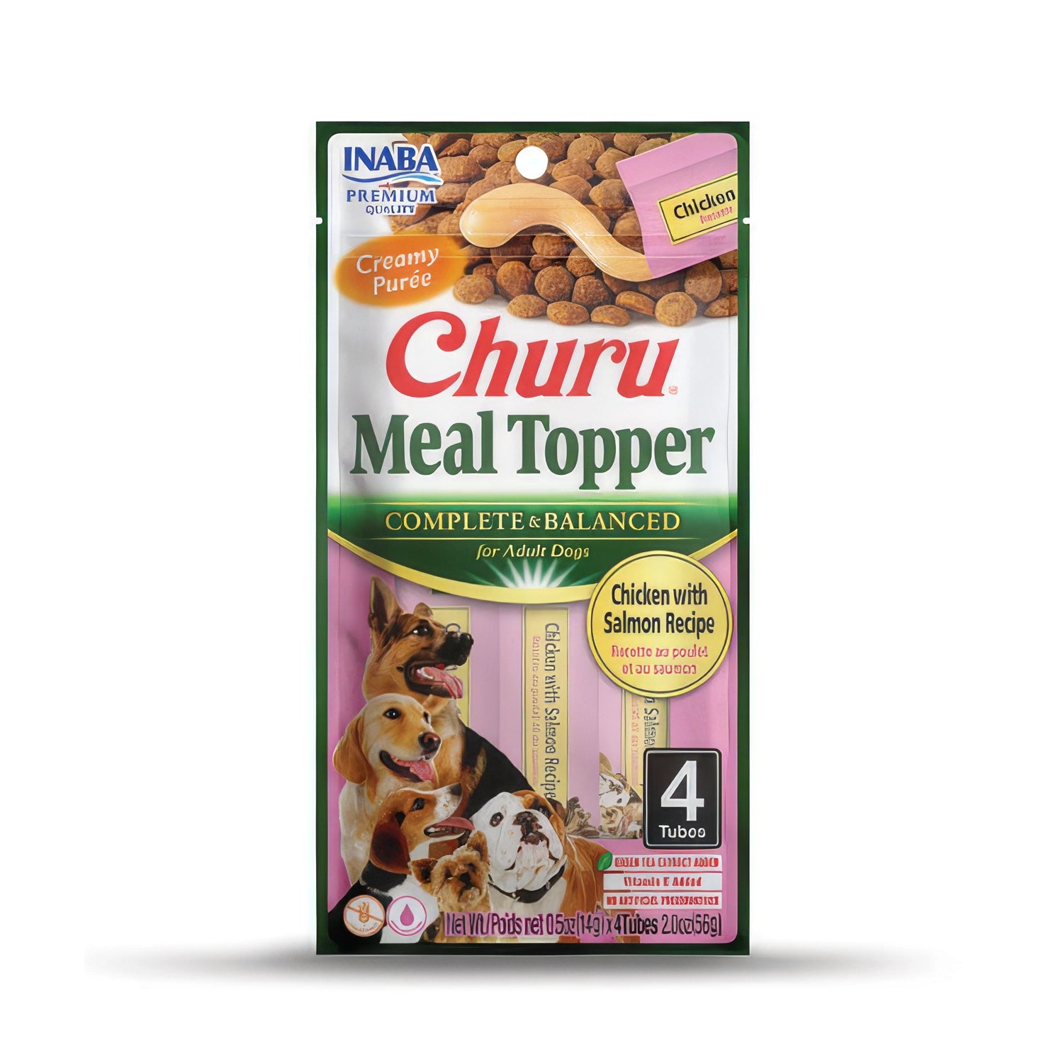 Churu Meal Topper Pollo y Salmón para Perros en 4 tubos, topping cremoso para alimento seco con perros ilustrados en el empaque.