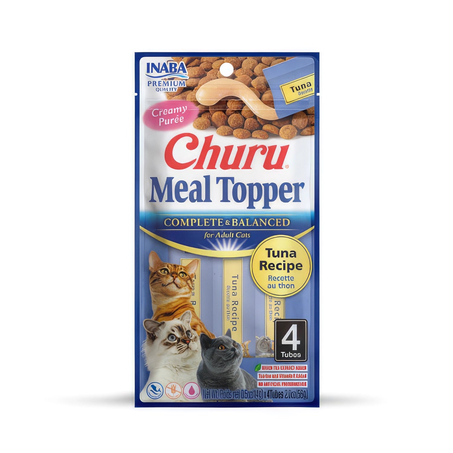 Churu Meal Topper Atún para Gatos en 4 tubos, complemento cremoso para alimento seco con gatos ilustrados y receta de atún.