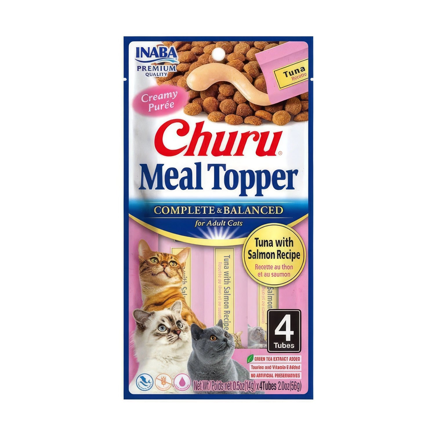 Churu Meal Topper Atún y Salmón para Gatos en pack de 4 tubos, puré cremoso para complementar croquetas y mejorar la palatabilidad.