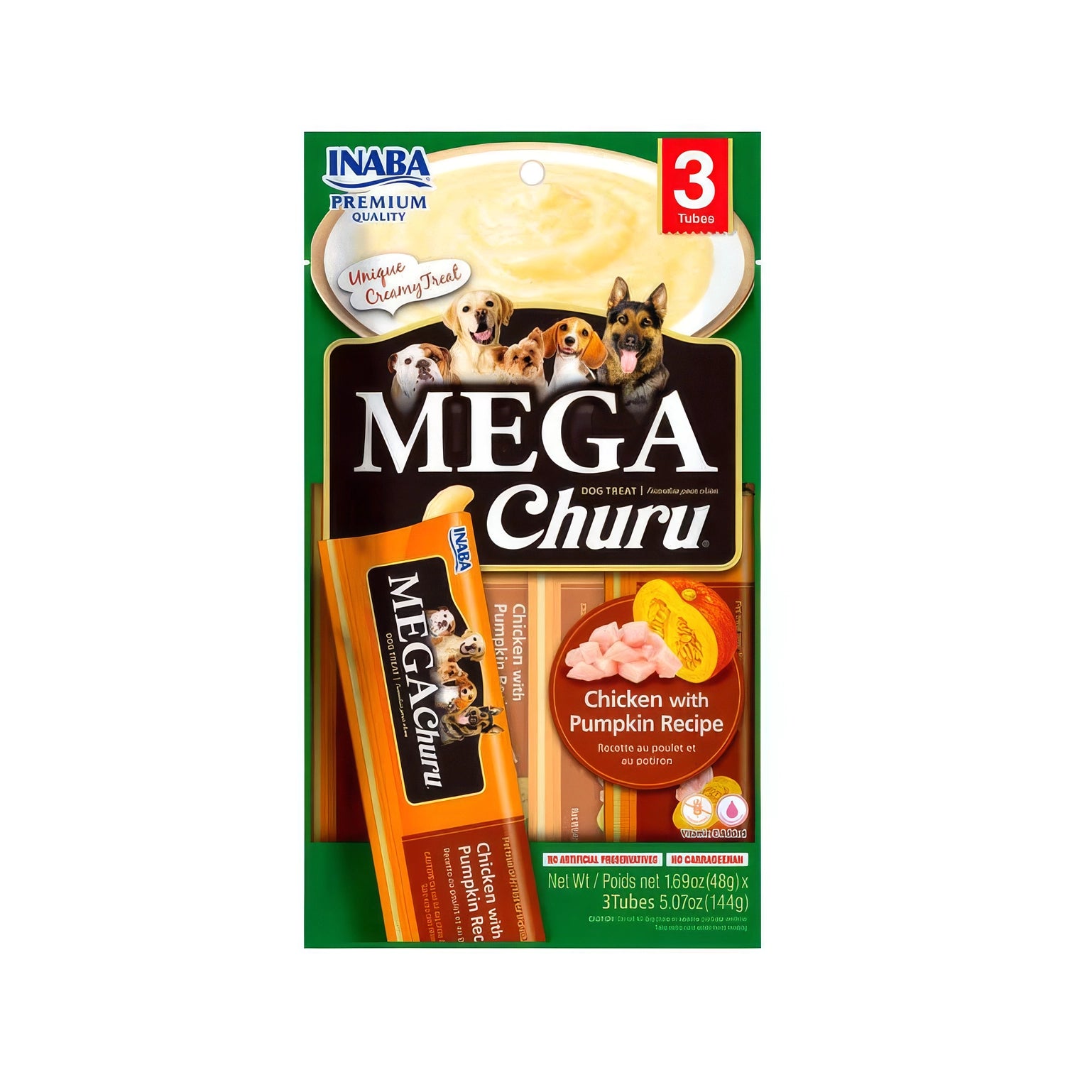 Snack Mega Churu Pollo y Calabaza para Perros en envase de 3 tubos, premio cremoso con receta de pollo y calabaza.