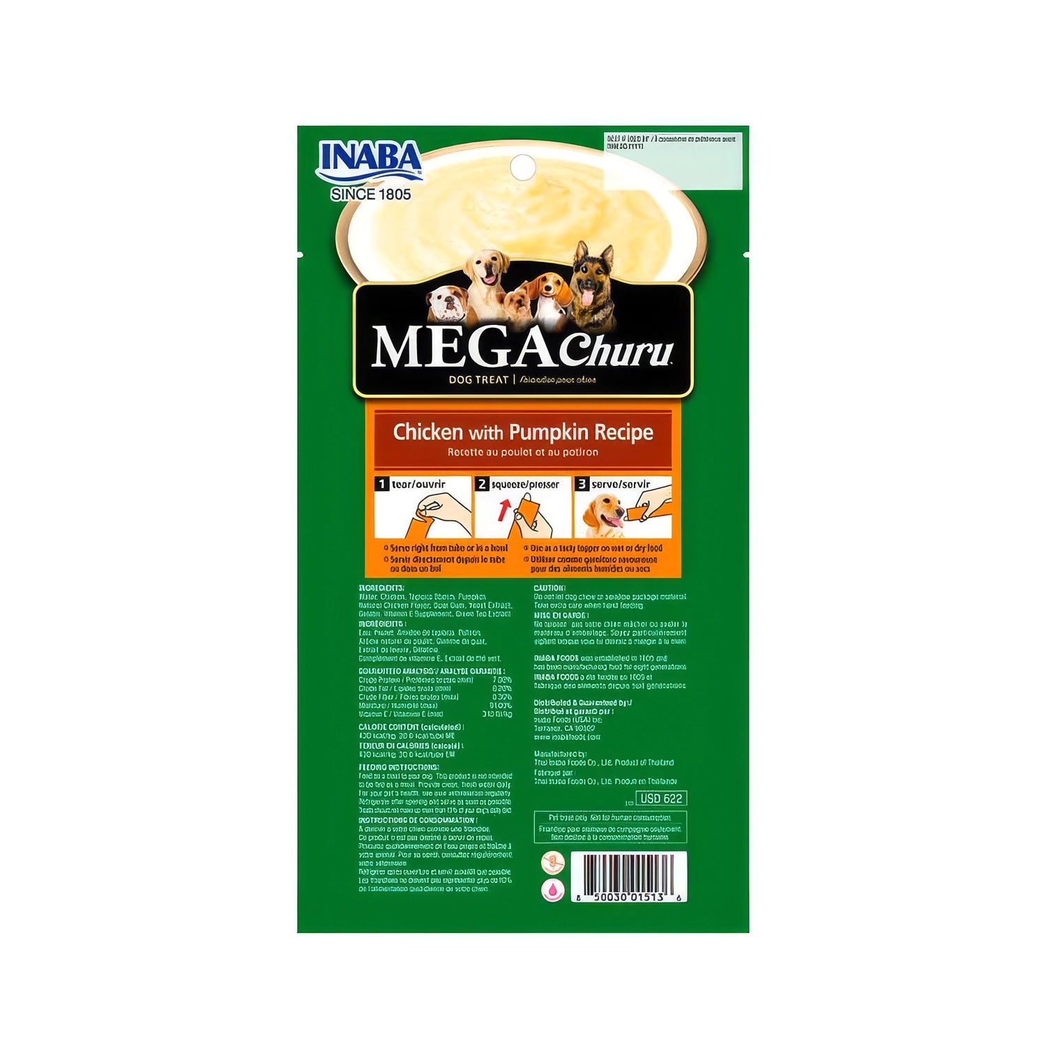 Snack Mega Churu Pollo y Calabaza para Perros en envase de 3 tubos, premio cremoso con receta de pollo y calabaza.